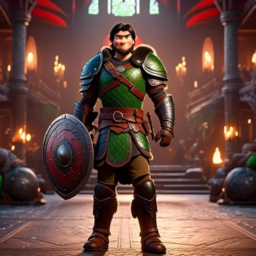 Prompt: <mymodel>Animated CGI style of a fierce Viking male about 25 years old, black hair, detailed facial features, leather armor {{((red))}} and green armor, battle axe and shield, standing inside The Great Hall, intense and determined expression, dynamic and powerful pose, high definition, CGI, detailed armor, fierce female, Nordic designs, battle-ready, dynamic pose, professional lighting