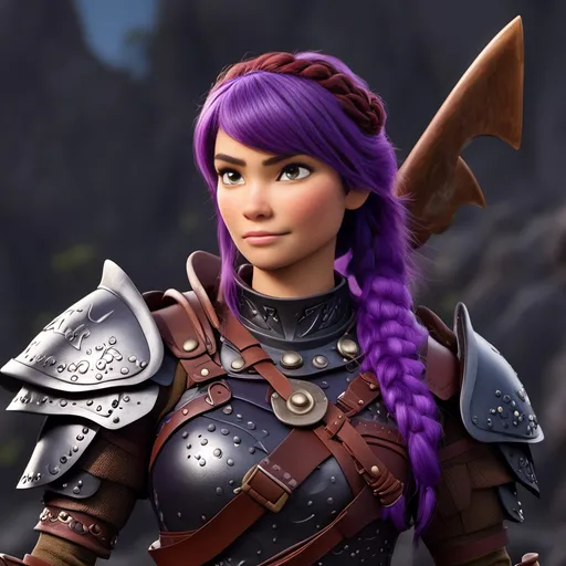 Prompt: <mymodel>Animated CGI style of a fierce ((Caucasian white)) Viking female about 25 years old, ((purple hair with a single braid)), detailed facial features, leather armor, battle axe and shield, intense and determined expression, dynamic and powerful pose, high definition, CGI, detailed armor, fierce female, Nordic designs, battle-ready, dynamic pose, professional lighting