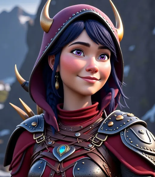 Prompt: <mymodel>CGI Animation, digital art, 20-year-old-old viking woman with violet eyes, Dark red Long sleeve shirt, skirt with dragon teeth on it, wears the snow wraith hood, ((dark dark blue hair with teal, pink and purple streaks)), subtle smile, unreal engine 8k octane, 3d lighting, close up camera shot on the face, full armor