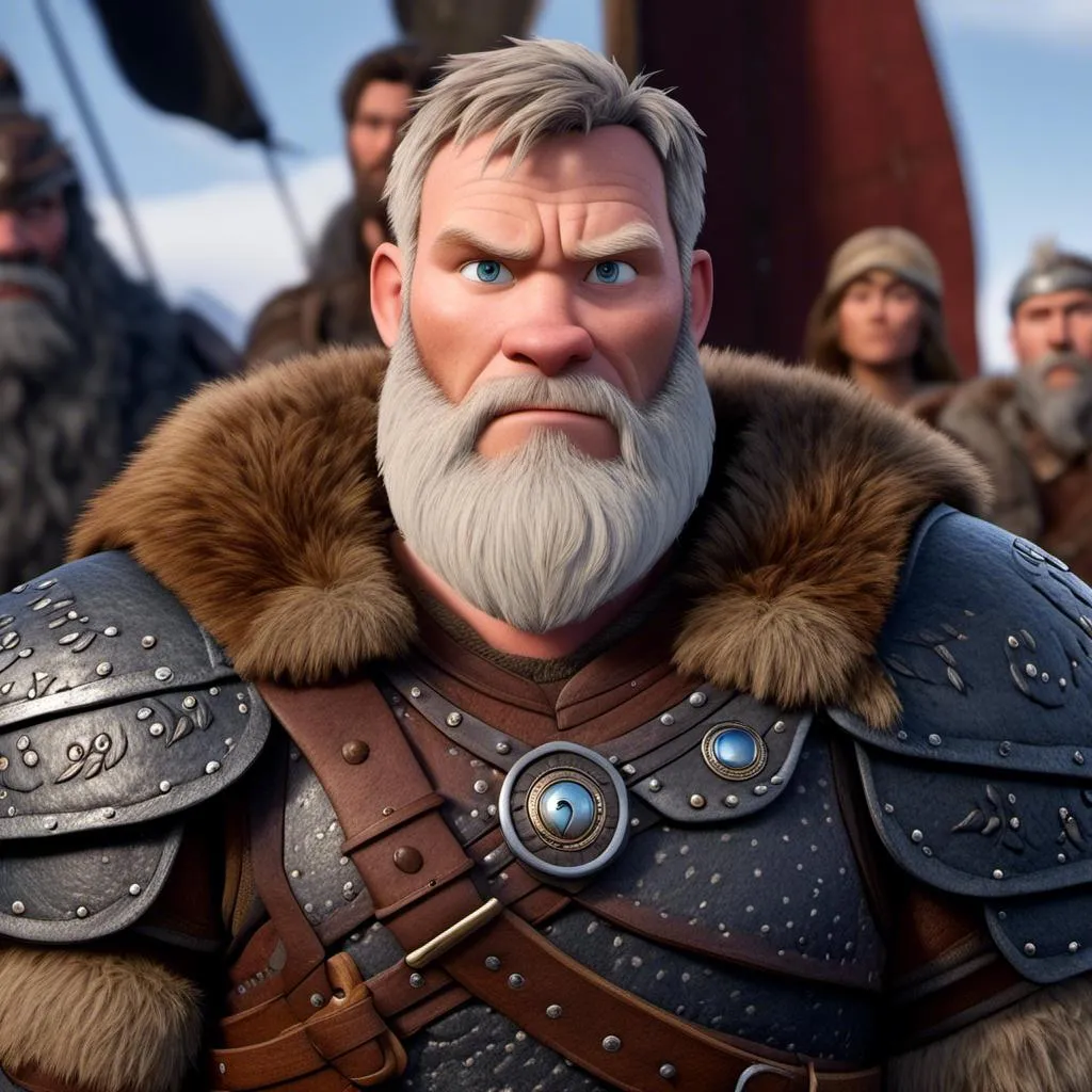 Prompt: <mymodel>Animated CGI style of a fierce Caucasian Viking, intense gaze, realistic fur and clothing textures, high quality, CGI, realistic, intense gaze, viking, male, Caucasian, detailed facial features, fur textures, highres, professional, intense lighting