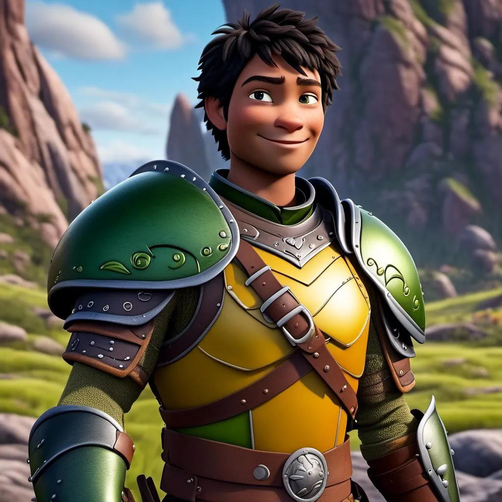 Prompt: <mymodel>Animated CGI style of a fierce ((Caucasian Viking male)) with black hair of the style of side swept undercut, joyous gaze, yellow gear and green armor, realistic clothing textures, high quality, CGI, realistic, viking, male, Caucasian, detailed facial features, highres, professional, intense lighting