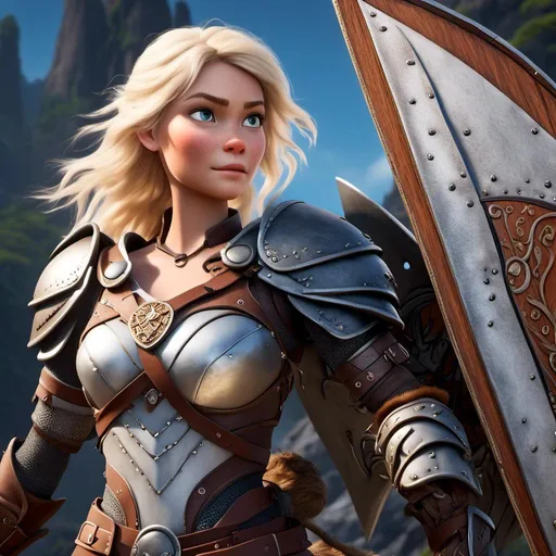 Prompt: <mymodel>Animated CGI style of a fierce Caucasian white Viking female about 25 years old, blond hair, detailed facial features, leather armor with intricate Nordic designs, battle axe and shield, intense and determined expression, dynamic and powerful pose, high definition, CGI, detailed armor, fierce female, Nordic designs, battle-ready, dynamic pose, professional lighting