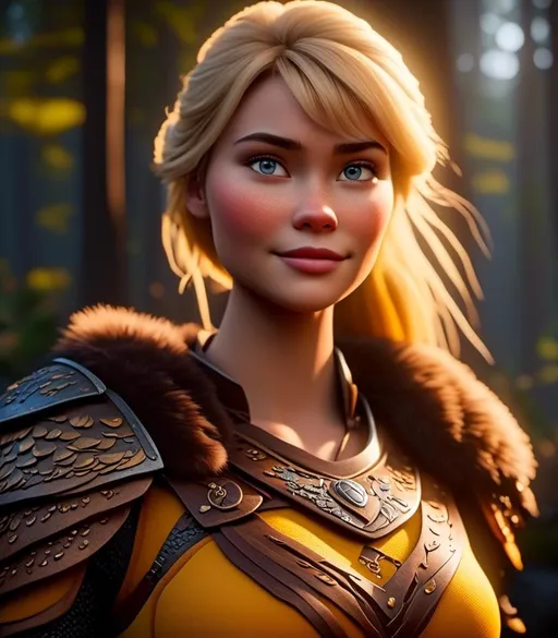 Prompt: <mymodel>CGI Animation, digital art, 20-year-old-old viking woman with light blue eyes standing in a dimly lit forest, yellow clothes, gold colored armor, blonde straight hair, subtle smile, unreal engine 8k octane, 3d lighting, full armor