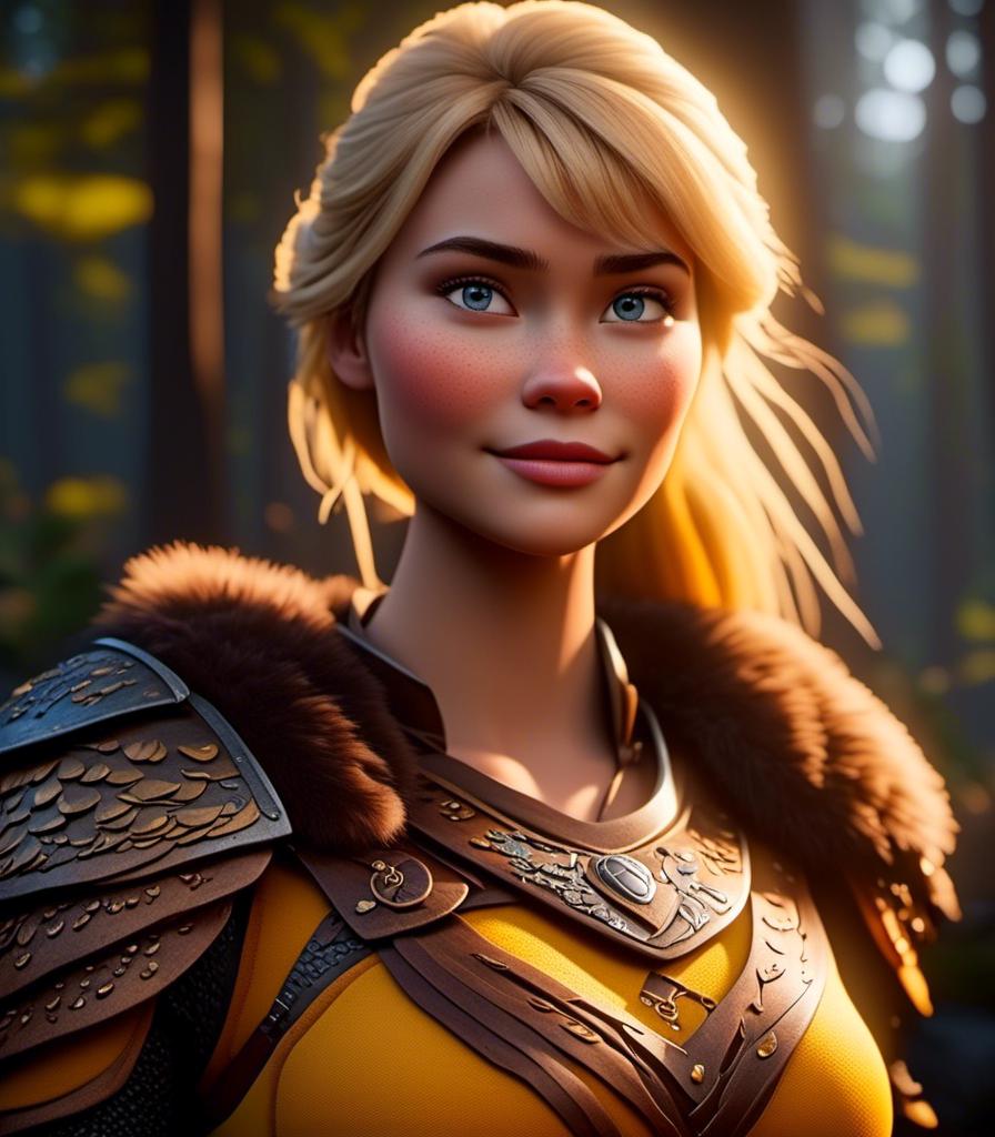 Prompt: <mymodel>CGI Animation, digital art, 20-year-old-old viking woman with light blue eyes standing in a dimly lit forest, yellow clothes, gold colored armor, blonde straight hair, subtle smile, unreal engine 8k octane, 3d lighting, full armor