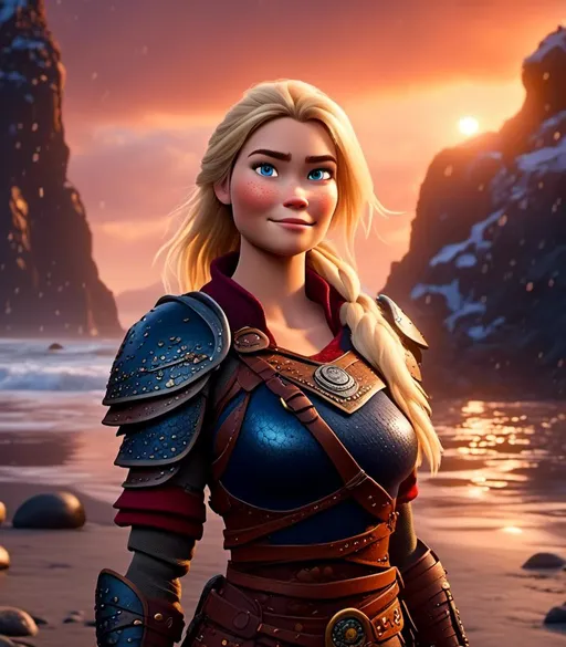 Prompt: <mymodel>CGI Animation, digital art, 20-year-old-old viking woman with blue eyes standing around several hot springs on a beach, ((blue clothes, blue colored armor,)) raining with sunset lighting, blonde straight hair, subtle smile, unreal engine 8k octane, 3d lighting, cinematic lighting, camera shot of full armor from head to toe