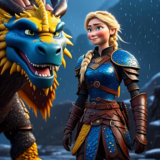 Prompt: <mymodel>CGi Animation, 20-year-old viking woman with blue eyes, a rainy scene, she is standing next to a bright blue dragon with gold highlights, they are both in the rain, the viking woman has a subtle smile, blonde hair in a ponytail style, she has blue gear, gold armor, black pants, black boots