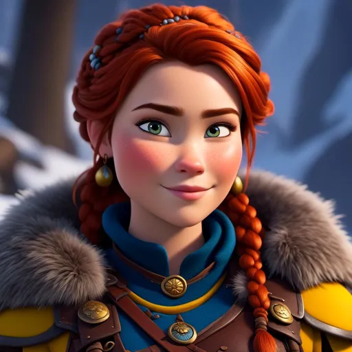 Prompt: <mymodel>CGI Animation, close-up portrait of the face, 20-year-old-old pirate viking woman sitting on a snow bank, a snowy scene, {{yellow gear, blue armor}}, hazel red hair, an updo style of hair with a faded buzz cut on the side of the head, subtle smile, beads hair, small red earrings, multiple braids, yellow gear, straight hair, green eyes, bracelets, rings on fingers, mercenary gear, unreal engine 8k octane, 3d lighting, close up camera shot on the face, full armor