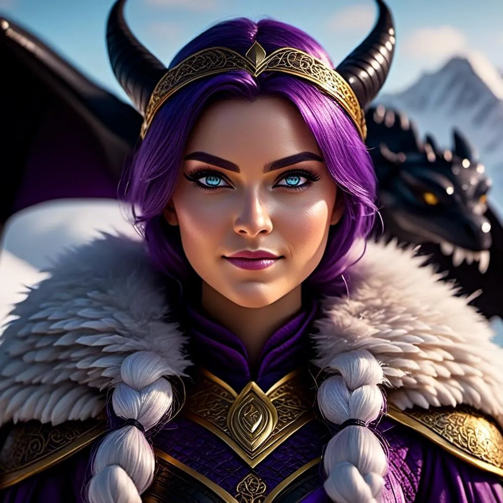 Prompt: Photo of <mymodel> standing next to her ((black)) razorwhip dragon from How to Train Your Dragon in the snow, she has light blue eyes, she is wearing a fur hood over her head, she is wearing a fur cape