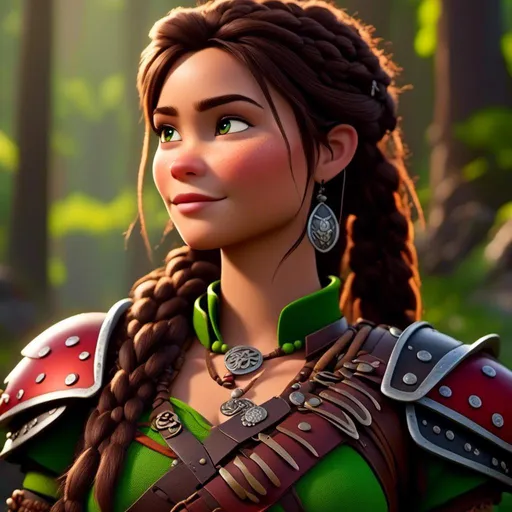 Prompt: <mymodel>CGI Animation, 20-year-old-old pirate woman, thick forest scene, {{brown gear, silver armor}}, brunette hair, dreadlocks, subtle smile, beads hair, small red earrings, multiple braids, green gear, straight hair, green eyes, bracelets, rings on fingers, mercenary gear, unreal engine 8k octane, 3d lighting, full body, full armor