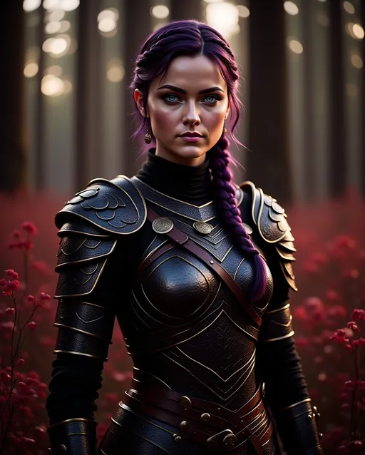 Prompt: <mymodel>25-year-old viking woman, standing in the dimly lit forest with many detailed red-leaved weeds in foreground and background, messy and dirty hair, single braid of hair down her shoulder, she has a mad expression, light blue eyes, dirty armor, black gear, bright black armor, black textures and highlights, with glowing lights, short focus, blurry background, unreal engine 8k octane, 3d lighting, full body, full armor