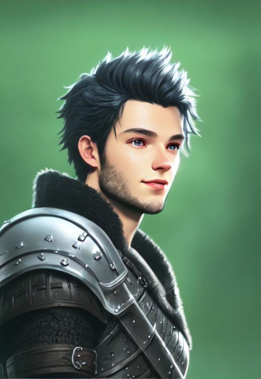 Prompt: Digital art, 22-year-old viking man, black hair. silver armor, medium-length black hair, subtle smile, black stubble beard, hazel eyes, adventurer, blue sky background, unreal engine 8k octane, 3d lighting