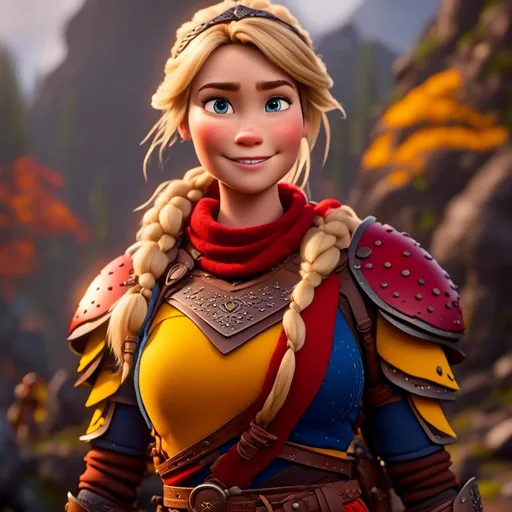 Prompt: <mymodel>CGi Animation, 20-year-old viking woman with one hair braid, subtle smile, blonde hair, blue eyes, blue gear, yellow armor, red clothes, yellow textures and highlights, unreal engine 8k octane, 3d lighting, full body, full armor