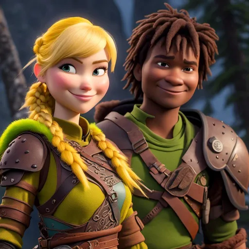 Prompt: <mymodel>CGi Animation, 20-year-old viking woman with one hair braid, subtle smile, blonde hair, light blue eyes, green gear, green armor, yellow clothes, yellow textures and highlights, unreal engine 8k octane, 3d lighting, full body, full armor