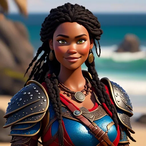 Prompt: <mymodel>CGi Animation, 25-year-old viking woman warrior with brown eyes, a hot summer day at the beach, the viking woman has a subtle smile, black dreadlocks and braids in her hair, she has red gear, gold armor with bursts of blue textured splotches, black pants, black boots