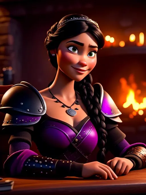 Prompt: <mymodel>CGI Animation, digital art, 20-year-old-old viking woman of royalty sitting at a desk in her home in the living room next to the fireplace, {{{blue eyes}}}, {{black gear, purple armor}}, black hair, single braid down her shoulder with a tiara, subtle smile, unreal engine 8k octane, 3d lighting, close up camera shot on the face, full armor