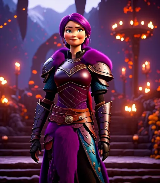 Prompt: <mymodel>CGI Animation, digital art, 20-year-old-old viking woman with light blue eyes, she is standing next to her clan's throne, she is of royalty standing, {{black gear, purple armor}}, purple hair, single braid down her shoulder with a tiara, subtle smile, unreal engine 8k octane, 3d lighting, close up camera shot on the face, full armor