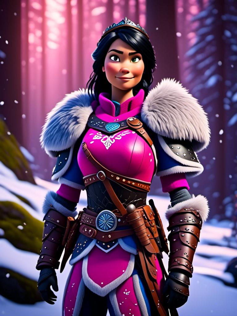 Prompt: <mymodel>CGI Animation, digital art, 20-year-old-old viking woman of royalty standing in the forest, a snowy scene, {{pink gear, blue armor}}, black hair, straight hair with a tiara, subtle smile, unreal engine 8k octane, 3d lighting, close up camera shot on the face, full armor