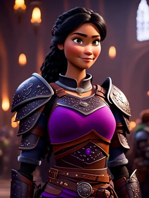 Prompt: <mymodel>CGI Animation, digital art, 20-year-old-old viking woman of royalty standing in The Great Hall on the Isle of Berk, {{black gear, purple armor}}, black hair, single braid down her shoulder with a tiara, subtle smile, unreal engine 8k octane, 3d lighting, close up camera shot on the face, full armor