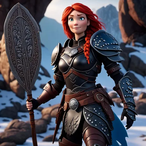 Prompt: <mymodel>CGI Animation of a viking woman of 40 years old, red hair with dreadlocks, blue eyes, all black gear and armor, leather highlights and textures, dragon scale textures and armor, intricate details, high quality, digital painting, cool tones, dramatic lighting