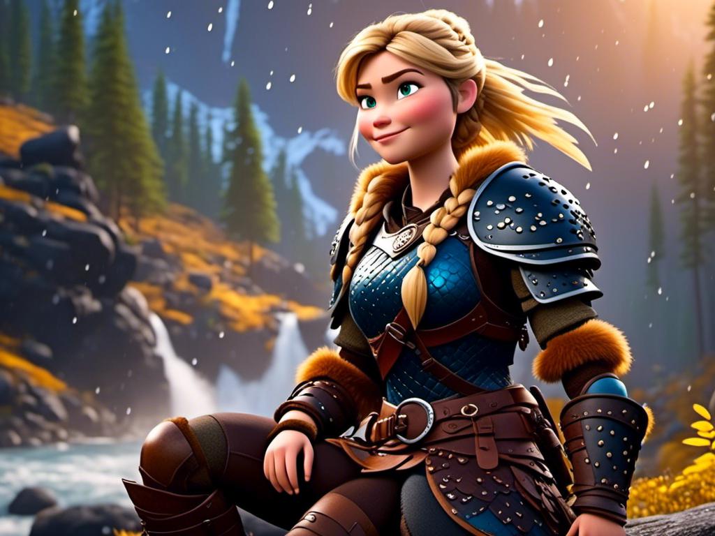 Prompt: <mymodel>CGi Animation, 20-year-old viking woman with blue eyes, she is wearing a helmet, a rainy scene, she is sitting on a boulder in a forest, the viking woman has a subtle smile with it pouring down rain, blonde hair in a ponytail style, she has blue gear, gold armor, black pants, black boots