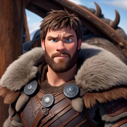 Prompt: <mymodel>Animated CGI style of a fierce Caucasian Viking, intense gaze, realistic fur and clothing textures, high quality, CGI, realistic, intense gaze, viking, male, Caucasian, detailed facial features, fur textures, highres, professional, intense lighting