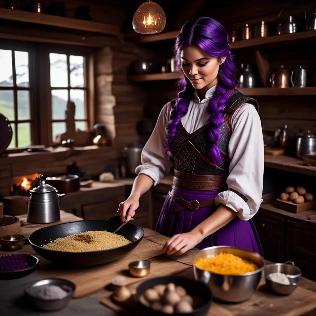 Prompt: Photo of <mymodel> working in the kitchen preparing food in her viking house