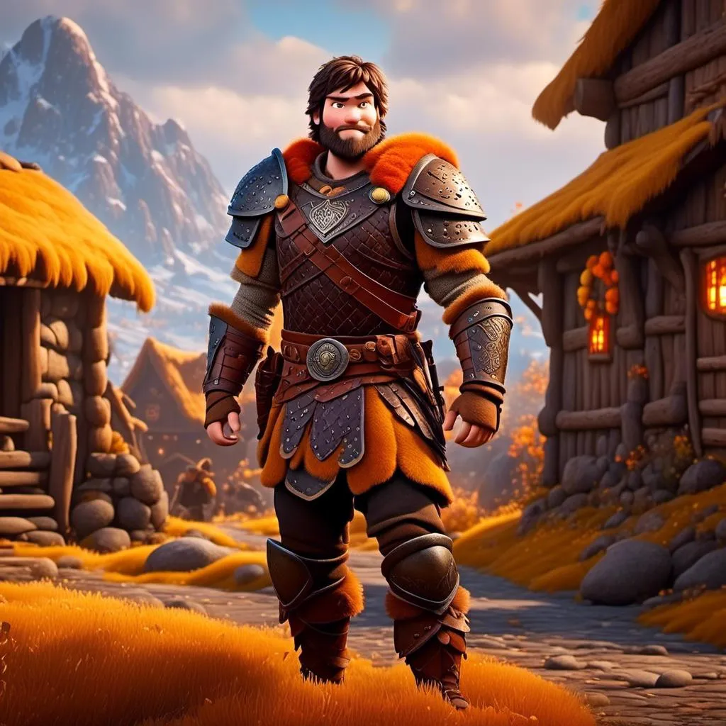 Prompt: <mymodel>CGI Animation of a viking male, light and small body build, young looks, black short wavy hair, brown eyes, bright orange simple gear, yellow highlights and textures, full body picture, standing in a viking village, intricate details, high quality, digital painting, bright energetic tones, dramatic lighting