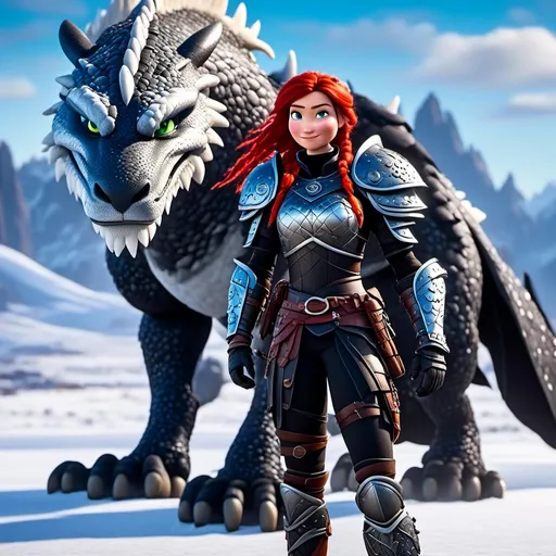 Prompt: <mymodel>CGI animation, 40-year-old woman, white dragon with light blue highlights, red hair, dreadlocks, braids, light blue eyes, black gear, black armor, standing on a snowy plain with her white dragon