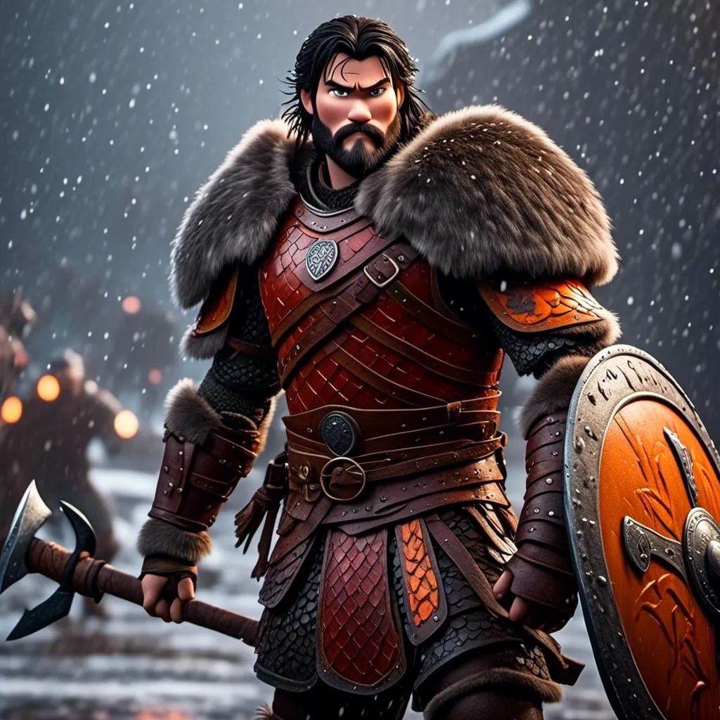 Prompt: <mymodel>Animated CGI style of a fierce Viking male about 25 years old, black hair, detailed facial features, leather armor {{((red))}} and orange armor, battle axe and shield, standing in the rain, intense and determined expression, dynamic and powerful pose, CGI, fierce male, Nordic designs, battle-ready, dynamic pose, professional lighting