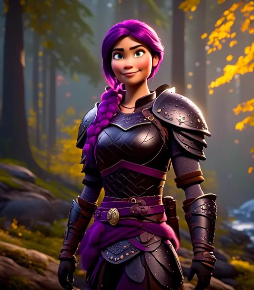 Prompt: <mymodel>CGI Animation, digital art, 20-year-old-old viking woman of royalty standing in a dimly lit thick forest with trees everywhere, dense fog, light blue eyes, {{black gear, purple armor}}, purple hair, single braid down her shoulder with a tiara, subtle smile, a black dragon with metal scales is standing next to the viking, light blue eyes, unreal engine 8k octane, 3d lighting, close up camera shot on the face, full armor