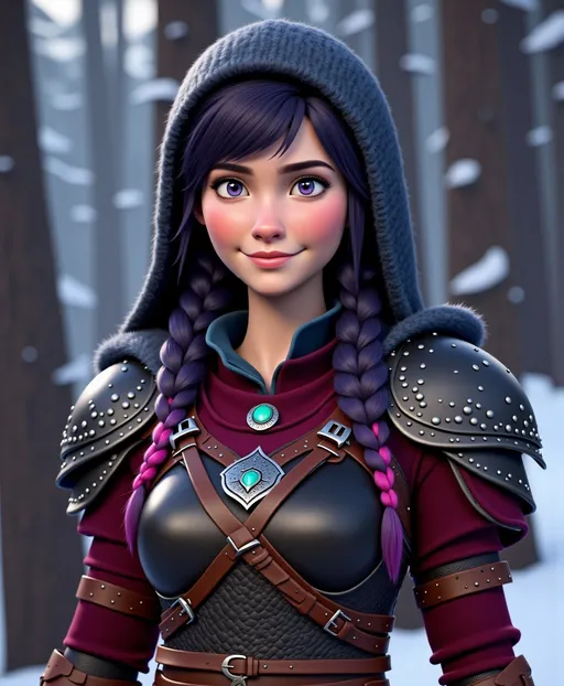 Prompt: <mymodel>CGI Animation, digital art, 20-year-old-old viking woman with violet eyes, Dark red Long sleeve shirt, skirt with dragon teeth on it, wears the snow wraith hood, ((dark dark blue hair with teal, pink and purple streaks)), standing snowy forest, subtle smile, unreal engine 8k octane, 3d lighting, close up camera shot on the face, full armor