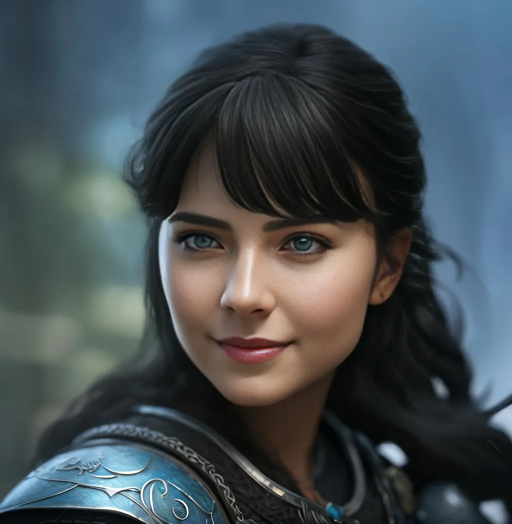 Prompt: she has black hair, create most beautiful fictional female viking warrior, hopeful smile, black hair, light blue eyes, extremely detailed environment, detailed background, intricate, detailed skin, professionally color graded, photorealism, 8k, moody lighting