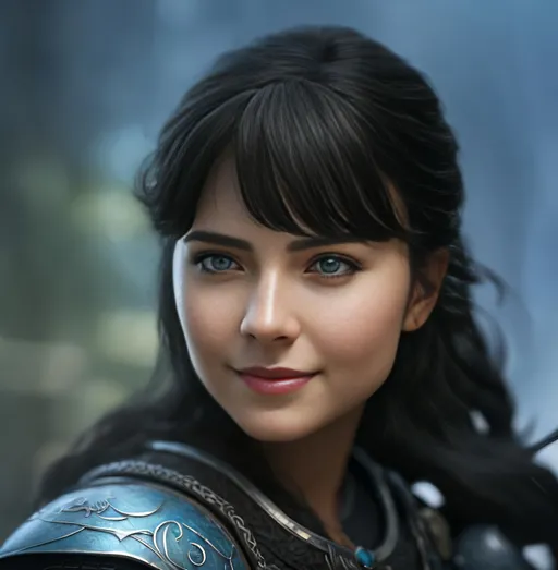 Prompt: she has black hair, create most beautiful fictional female viking warrior, hopeful smile, black hair, light blue eyes, extremely detailed environment, detailed background, intricate, detailed skin, professionally color graded, photorealism, 8k, moody lighting