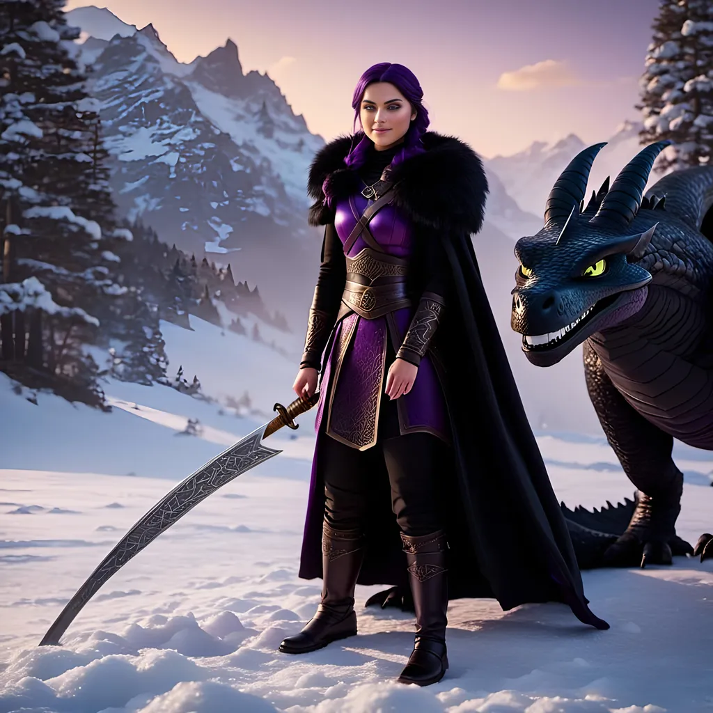 Prompt: Photo of <mymodel> standing next to her ((black)) razorwhip dragon from How to Train Your Dragon in the snow, {{she has light blue eyes}}, she is wearing a fur hood over her head, she is wearing a fur cape