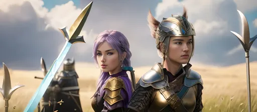 Prompt: create a female and male viking warriors, the female has purple hair and is holding and axe, her gear is black and silver.

The male has short brown hair with a gold helmet and holds a sword, his gear is shades of green with brown leather

They are in a grassy field