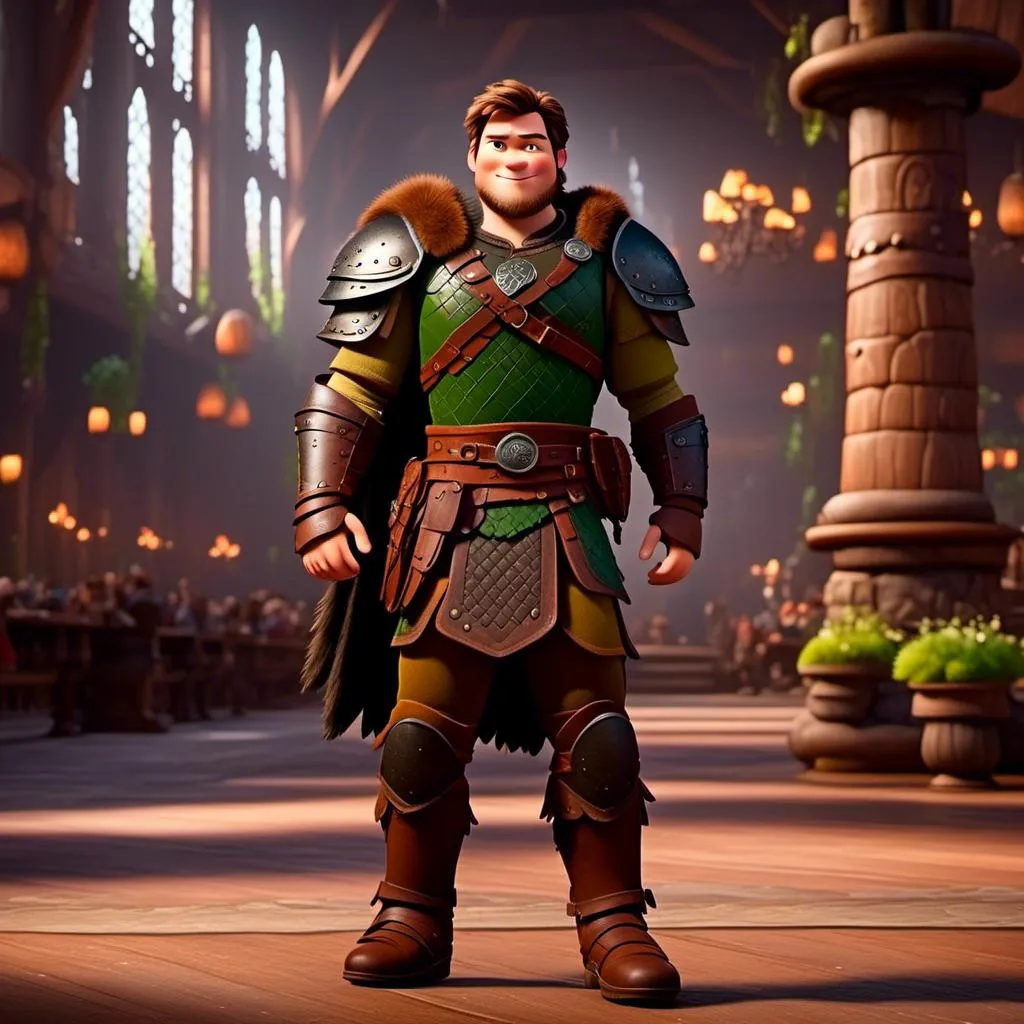 Prompt: <mymodel> viking man, lawyer, thin, small stature, standing in The Great Hall, medium length brown hair, evil look, evil smile, brown eyes, no armor, European-like brown gear, brown leather vest, long sleeve green shirt underneath the brown leather vest, black highlights on his clothes, brown pants, brown boots, historical, strong and natural lighting