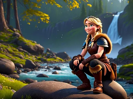 Prompt: <mymodel>CGi Animation, 20-year-old viking woman with blue eyes, ((she is wearing a tiara)), a rainy scene, she is sitting on a boulder in a forest, the viking woman has a subtle smile with it pouring down rain, blonde hair in a ponytail style, she has blue gear, gold armor, black pants, black boots