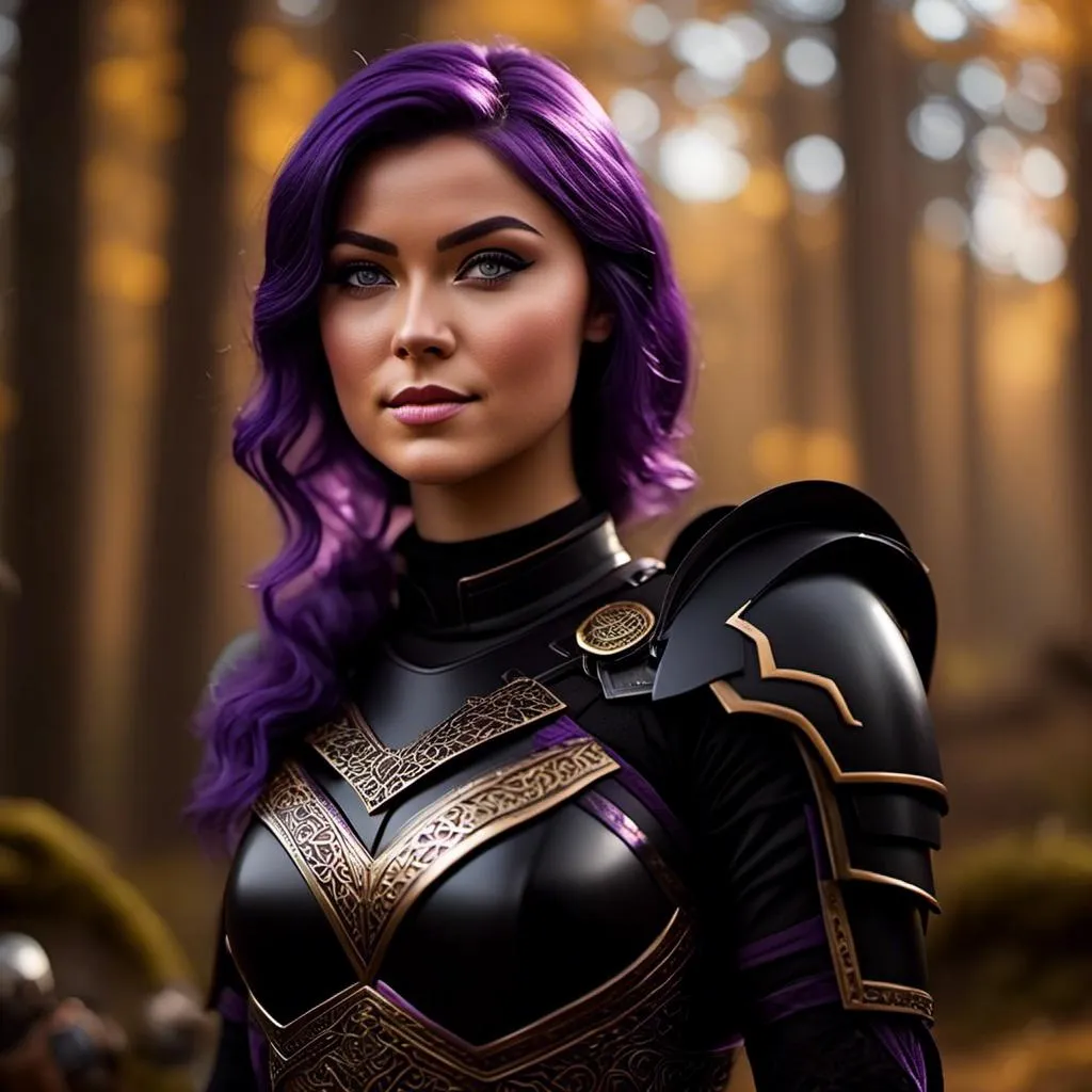 Prompt: <mymodel>25-year-old viking woman, subtle smile, light blue eyes, black gear, bright black armor, wearing an iron-man like suit of armor, black textures and highlights, standing in the forest, short focus, blurry background, unreal engine 8k octane, 3d lighting, full body, full armor