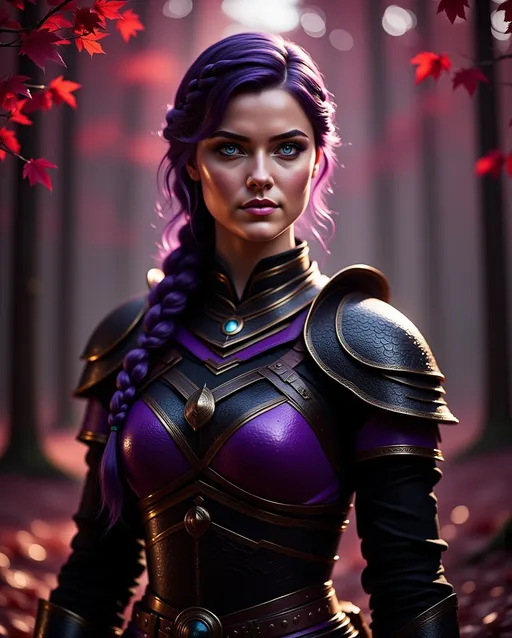 Prompt: <mymodel>25-year-old viking woman, standing in the dimly lit forest with many detailed red leaves on the tree branches in foreground and background, messy and dirty hair, single braid of hair down her shoulder, she has a mad expression, light blue eyes, dirty armor, purple gear, bright black armor, black textures and highlights, with glowing lights, short focus, blurry background, unreal engine 8k octane, 3d lighting, full body, full armor