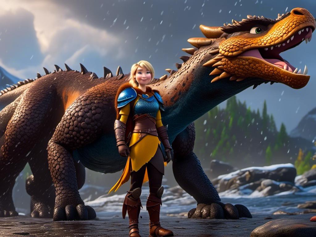 Prompt: <mymodel>CGi Animation, 20-year-old viking woman with blue eyes, a rainy scene, she is standing next to a bright blue dragon with gold highlights, they are both in the rain, the viking woman has a subtle smile, blonde hair in a ponytail style, she has blue gear, gold armor, black pants, black boots, unreal engine 8k octane, 3d lighting, full body, full armor