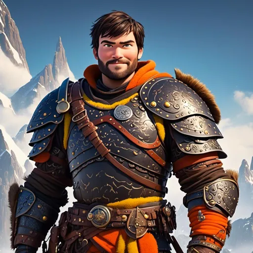 Prompt: <mymodel>CGI Animation of a viking male, black short wavy hair, hazel eyes, bright orange gear and humble armor, yellow highlights and textures, full body picture, standing in a viking village, intricate details, high quality, digital painting, bright energetic tones, dramatic lighting