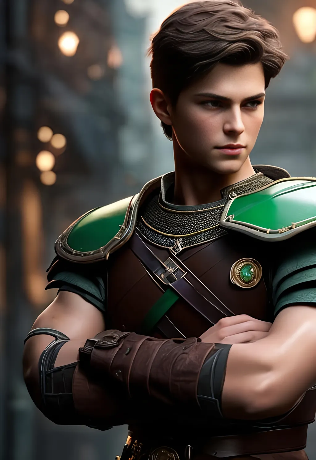 Prompt: he has short brown hair, create most handsome fictional male prince viking warrior, short brown hair, light green eyes, extremely detailed environment, detailed background, intricate, detailed skin, professionally color graded, photorealism, 8k, moody lighting