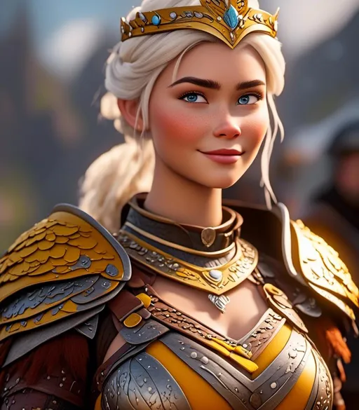 Prompt: <mymodel>CGI Animation, digital art, 20-year-old-old viking woman with light blue eyes, yellow clothes, gold colored armor, white hair, double braids down her shoulders with a tiara, subtle smile, unreal engine 8k octane, 3d lighting, close up camera shot on the face, full armor