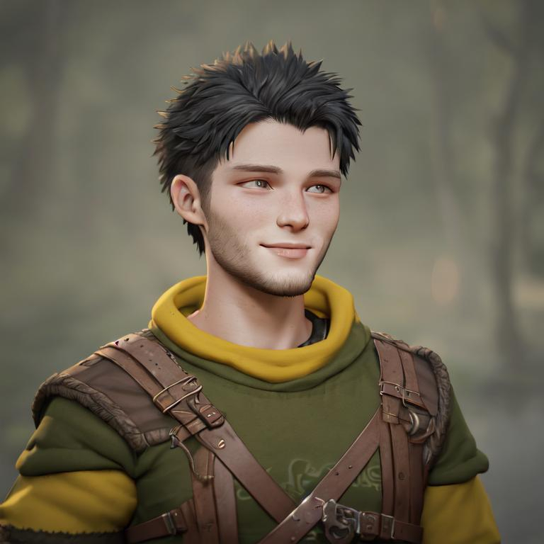 Prompt: Digital art, 22-year-old viking man, viking gear, black hair, short black stubble beard, subtle smile, hazel eyes, yellow viking gear, adventurer, unreal engine 8k octane, 3d lighting