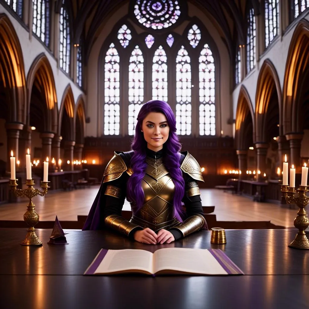 Prompt: Photo of <mymodel> sitting at a table in The Great Hall
