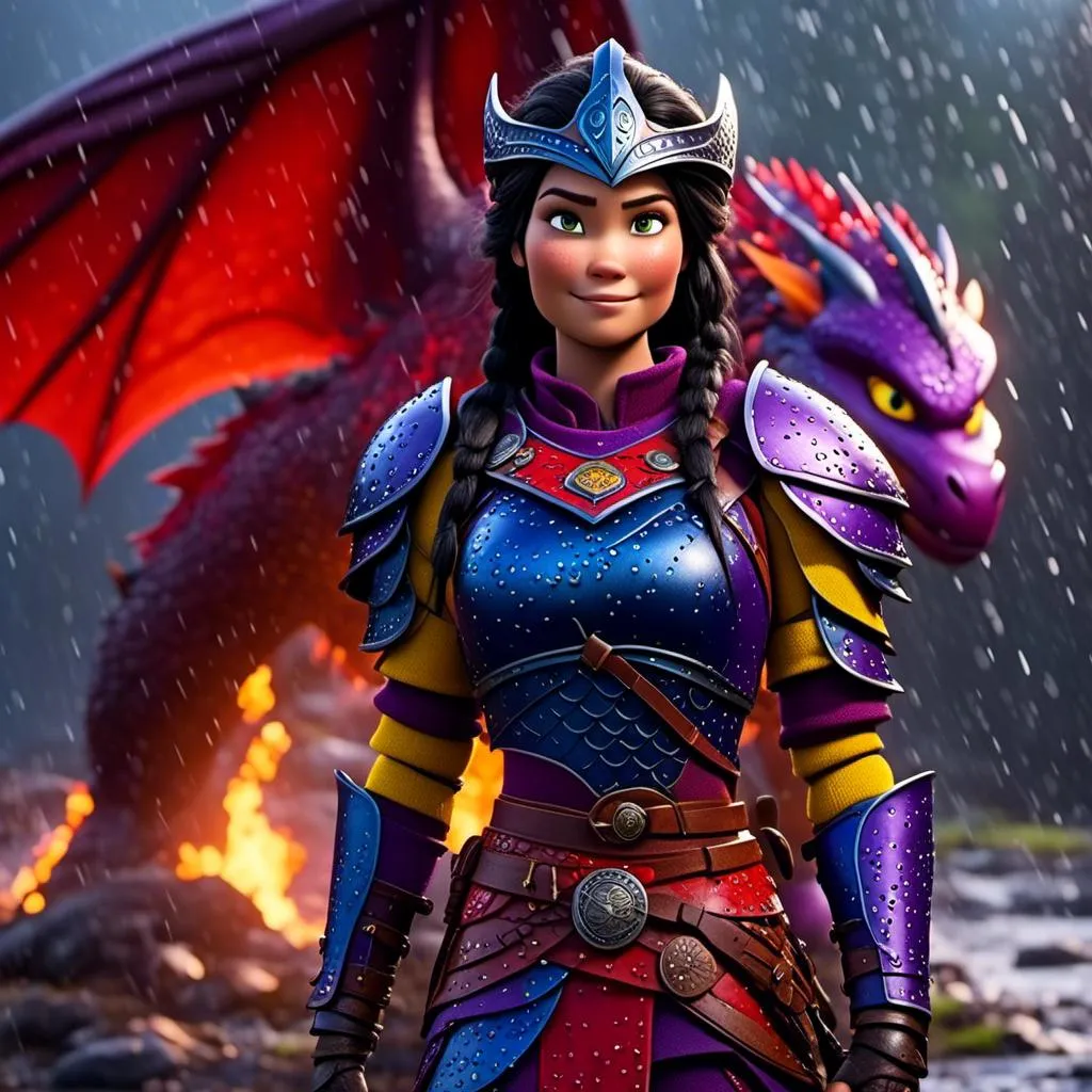 Prompt: <mymodel>CGi Animation, 20-year-old viking woman warrior with blue eyes, a rainy scene, the viking woman has a subtle smile, black hair, she has red gear, yellow armor with bursts of purple splotches, black pants, black boots, she is standing next to a bright red dragon with purple highlights, they are both in the rain