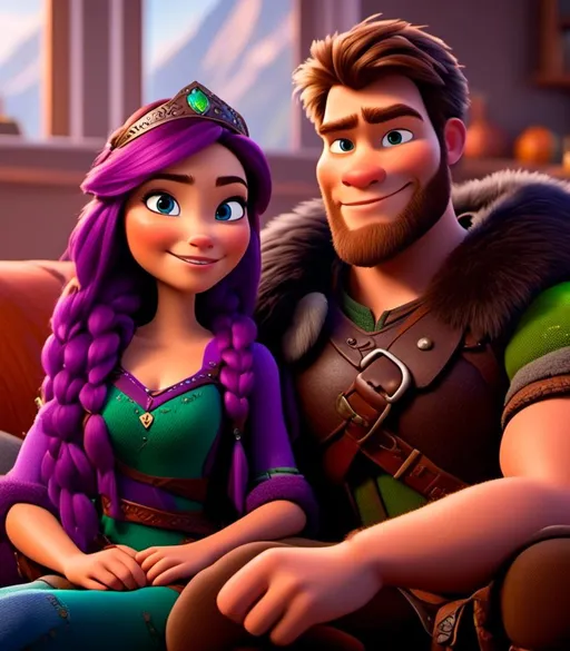 Prompt: <mymodel>CGI Animation, digital art, 20-year-old-old viking woman with light blue eyes, sitting on the couch in the living room next to her husband with brown hair and green gear, purple hair with purple strands, single braid down her shoulder with a tiara, subtle smile, unreal engine 8k octane, 3d lighting, close up camera shot on the face, full armor