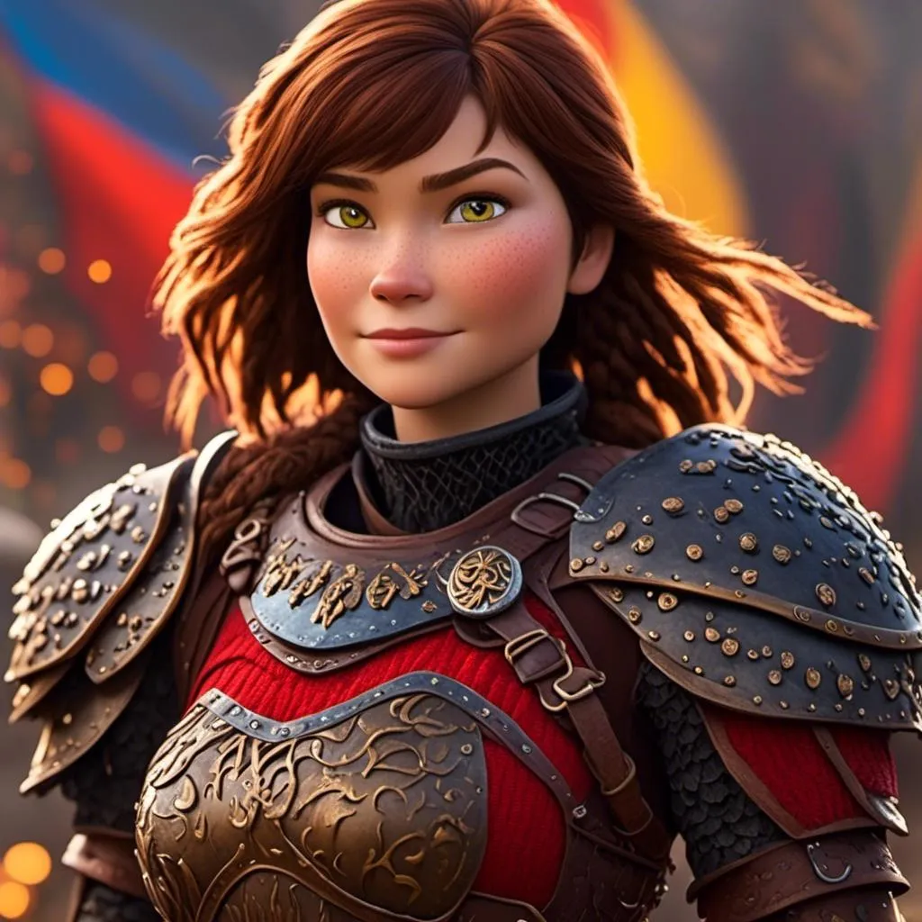 Prompt: <mymodel>CGI Animation of a viking female, brown hair in her face, hazel eyes, bright red gear and armor, she has heavy gauntlets on her hands with armored gloves, yellow highlights and textures, standing in a viking village, intricate details, high quality, digital painting, cool tones, dramatic lighting