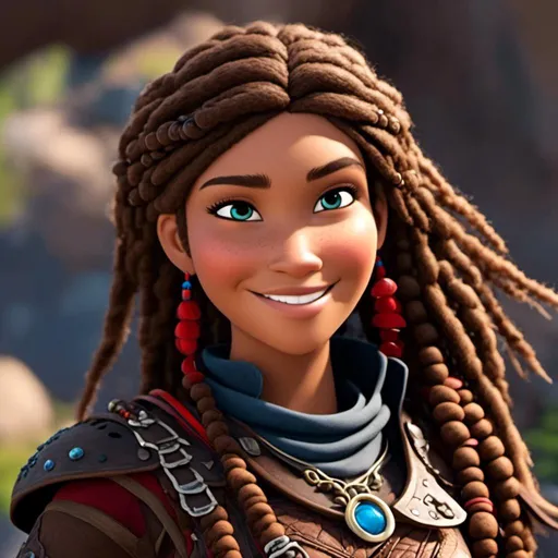 Prompt: <mymodel>CGI Animation, 20-year-old-old pirate woman, head is in rhe shape of an oval, {{brown gear, silver armor}}, brunette hair, dreadlocks, subtle smile, beads hair, small red earrings, multiple braids, straight hair, blue eyes, bracelets, rings on fingers, mercenary gear, unreal engine 8k octane, 3d lighting, full body, full armor