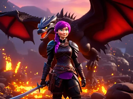Prompt: <mymodel>CGI Animation, digital art, 20-year-old-old viking woman with light blue eyes and purple hair, intensely looking over battle orders with her troops, black dragon scale helmet covering face, dragon wings coming out from her back, armory lit with torches, black clothes, black dragon scaled colored armor, purple hair, single braid down her shoulder with a gold tiara, subtle smile, unreal engine 8k octane, 3d lighting, close up camera shot on the face, full armor